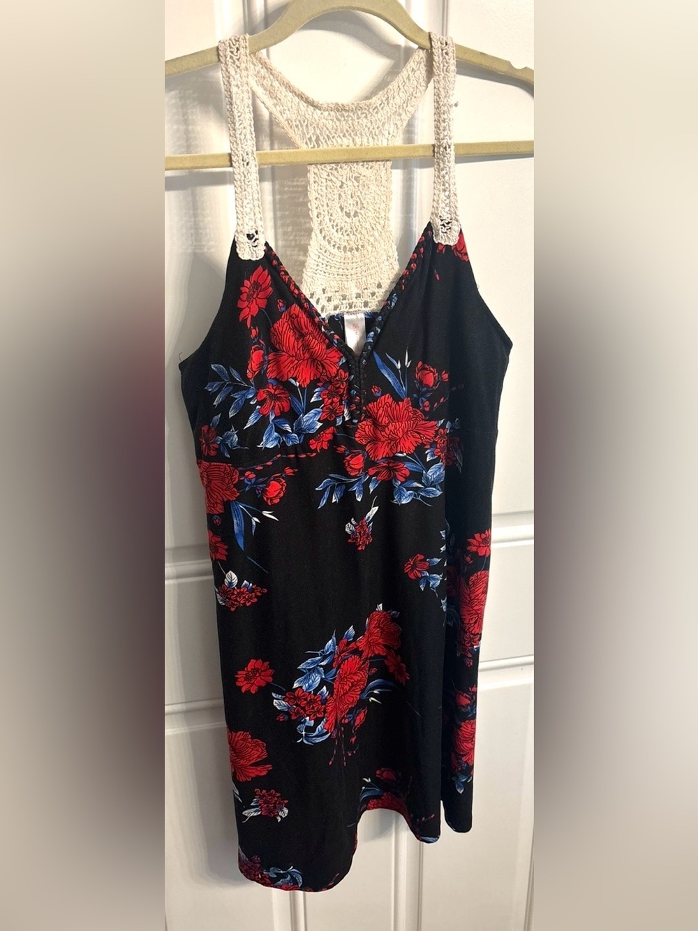 No Boundaries Black Tank Dress with Red & Blue Floral Print